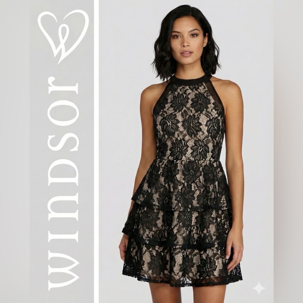 WINDSOR MINI Little Black Mini Lace Halter Dress Fully Lined Size Small